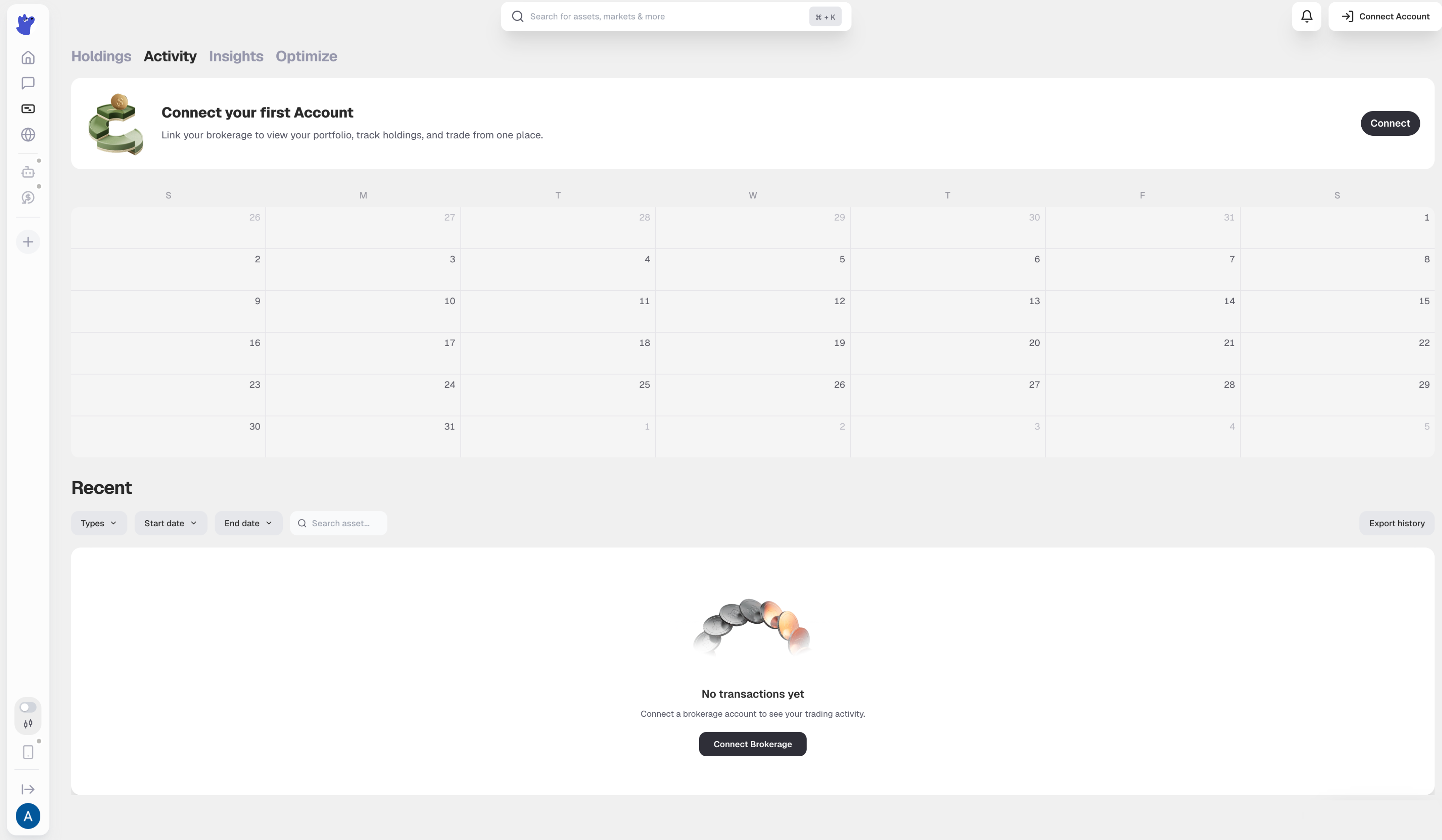 Activity view with a calendar and transaction history for connected accounts
