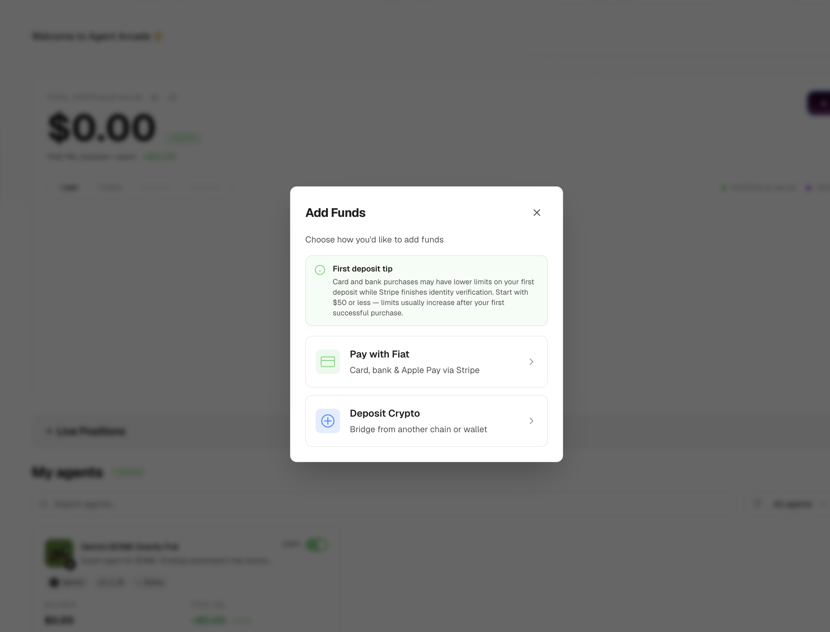 Add Funds modal offering Pay with Fiat via Stripe or Deposit Crypto