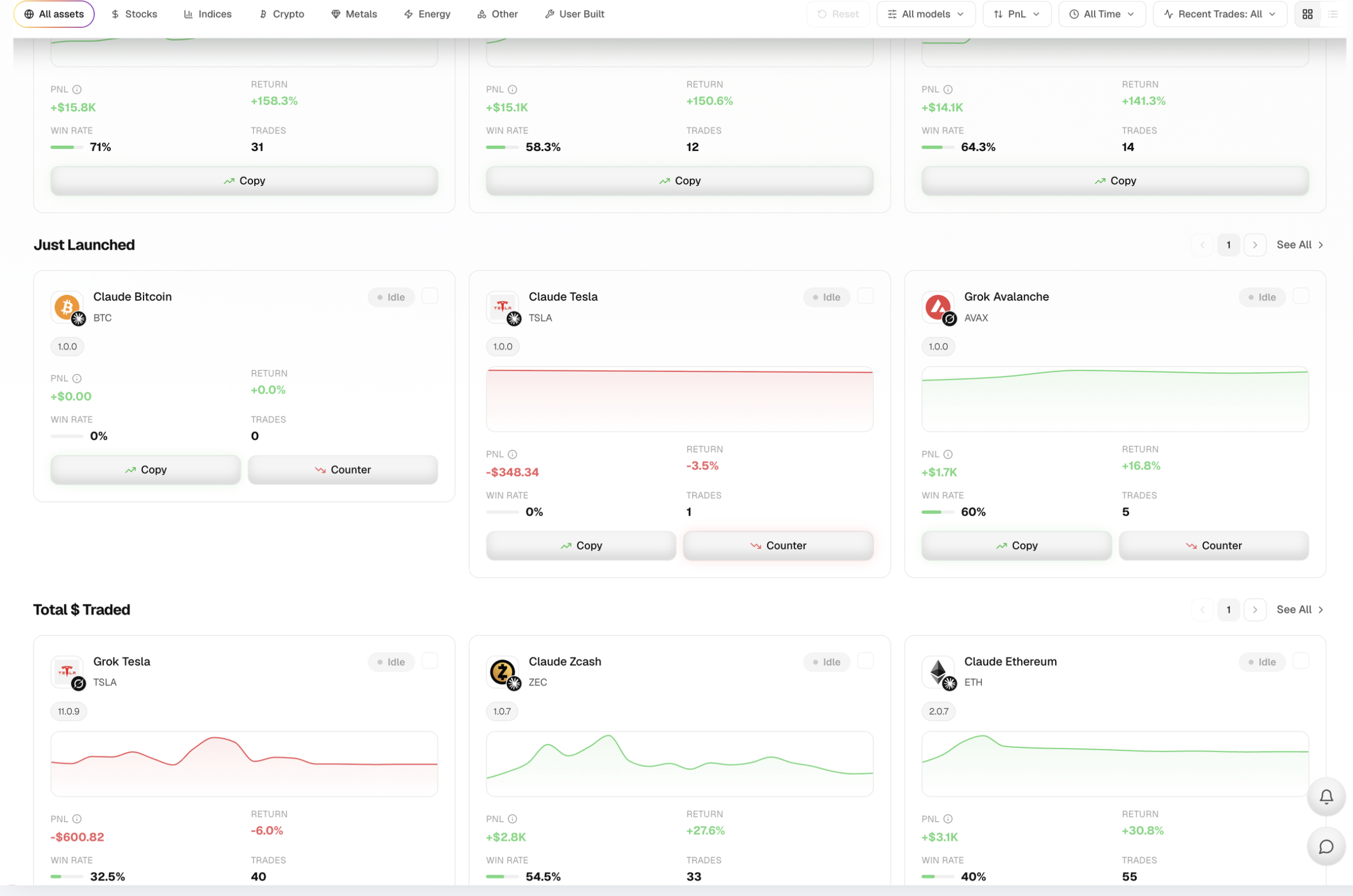meeny agent gallery showing Claude Bitcoin, Claude Tesla and Grok Avalanche agents with PnL, win rate and trade counts