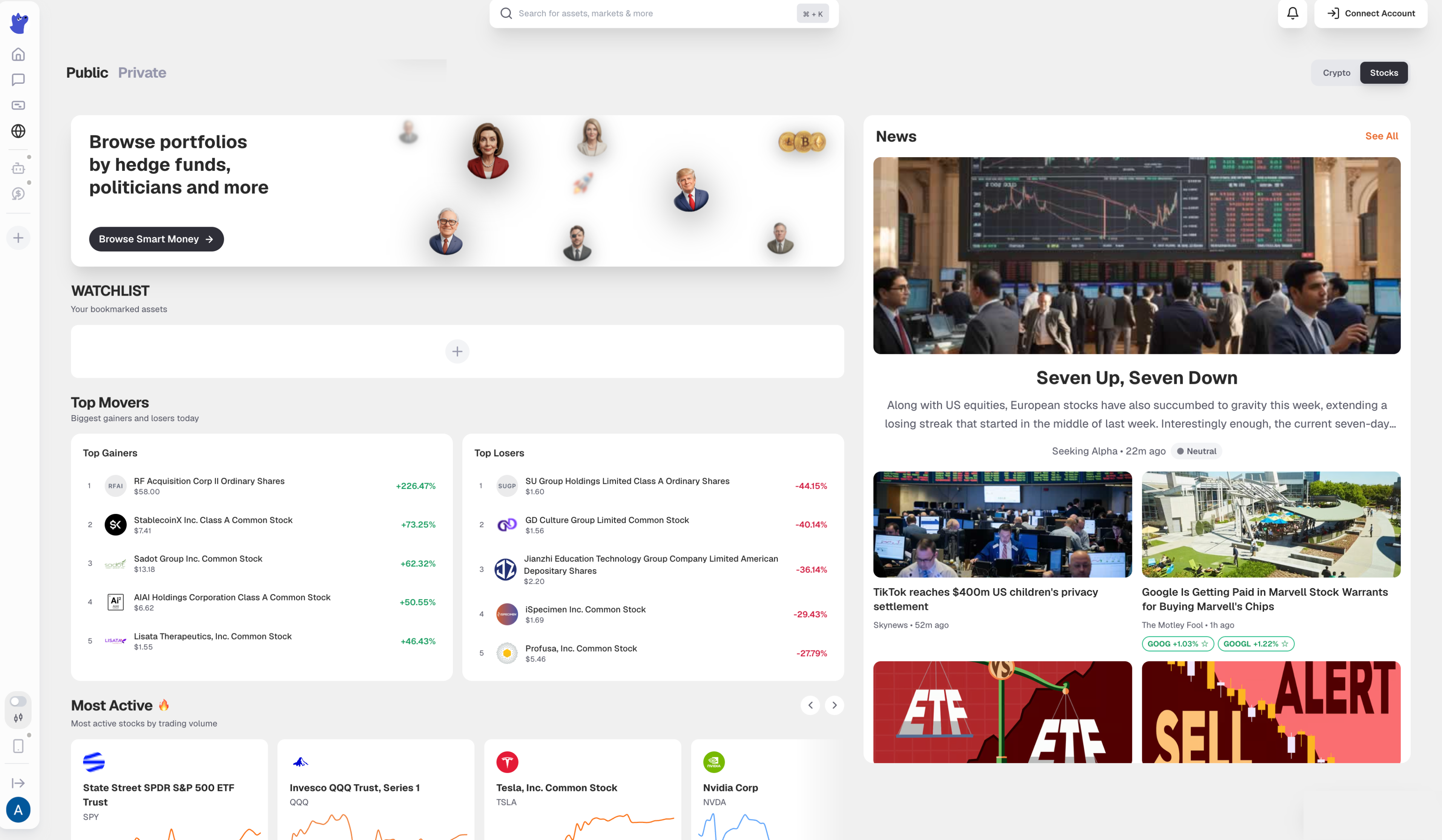 Browse portfolios by hedge funds and public figures, with watchlist, top movers and market news