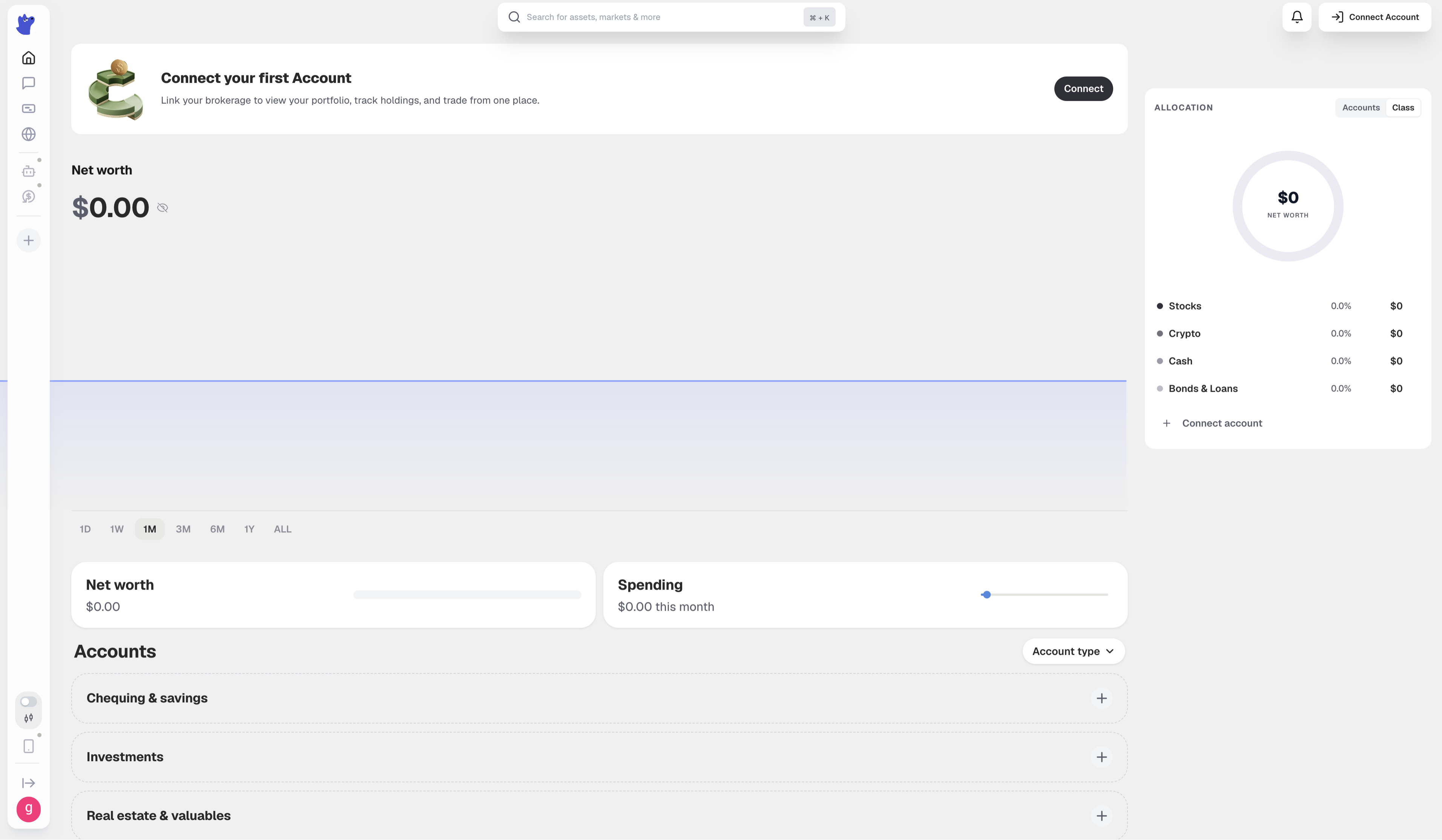 Net worth dashboard with allocation donut across stocks, crypto, cash and bonds, plus connected accounts